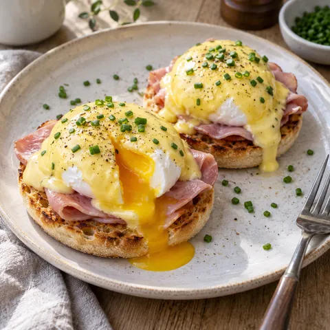 Ägg Benedict med skinka, hollandaisesås och gräslök på rostat bröd