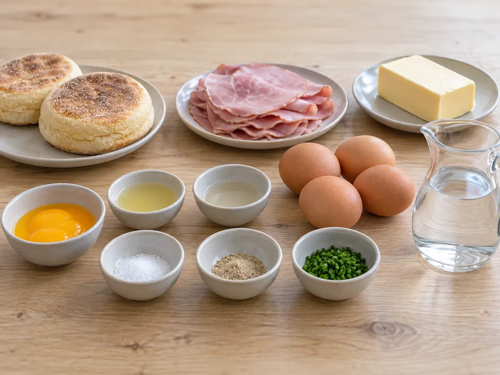 Ägg, äggula, smör, bröd, skinka och övriga råvaror till ägg Benedict