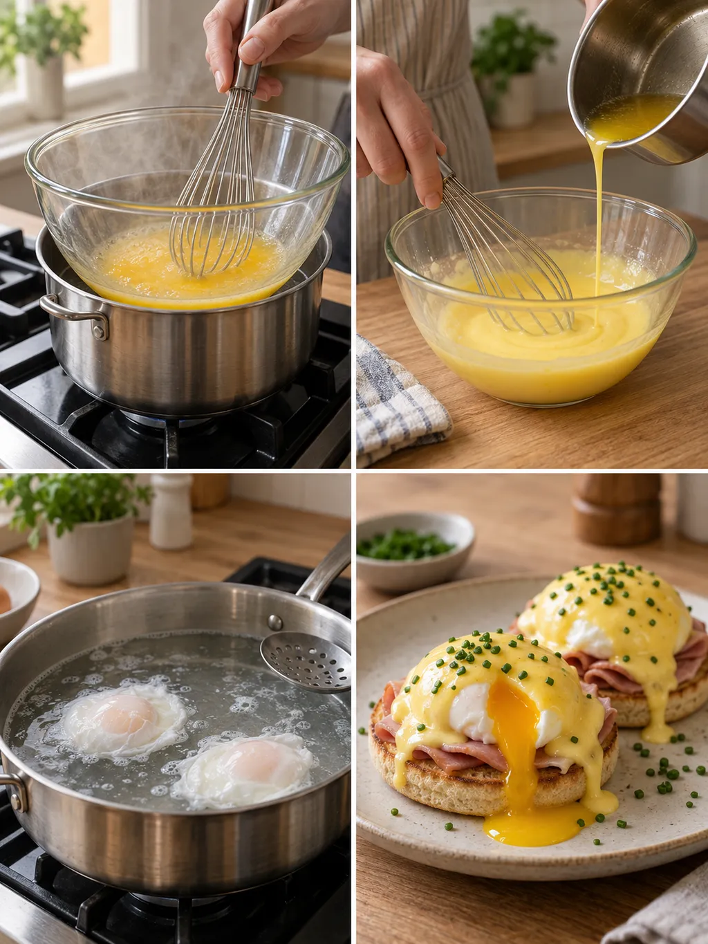 Äggulebas vispas, smör tillsätts och ägg pocheras till färdiga ägg Benedict