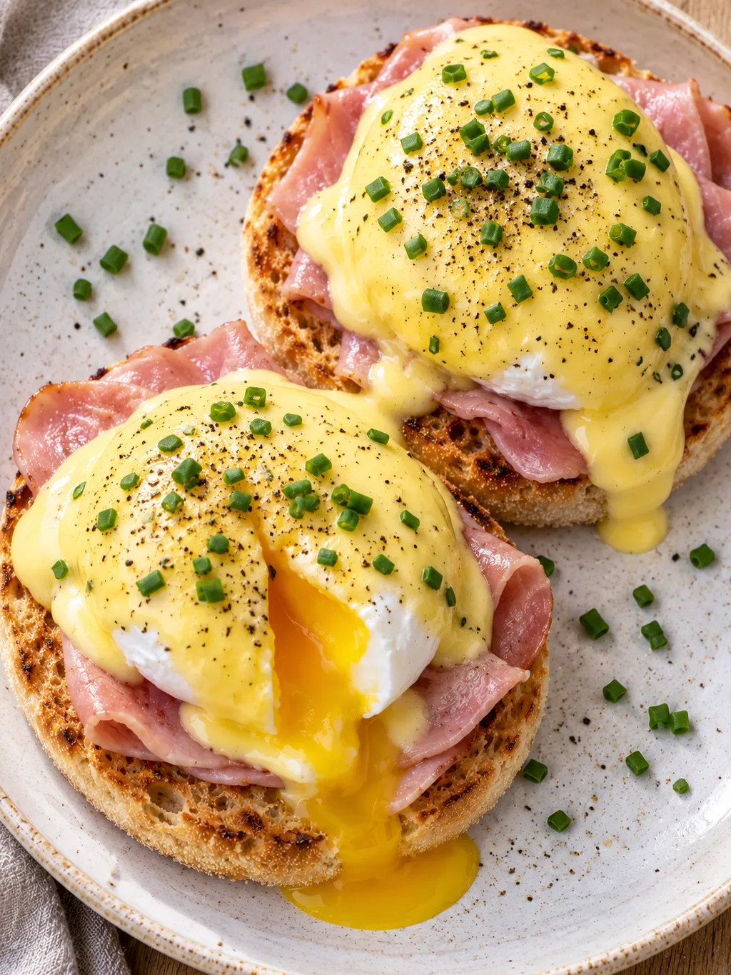 Ägg Benedict med mjuk gula och krämig hollandaisesås över skinka
