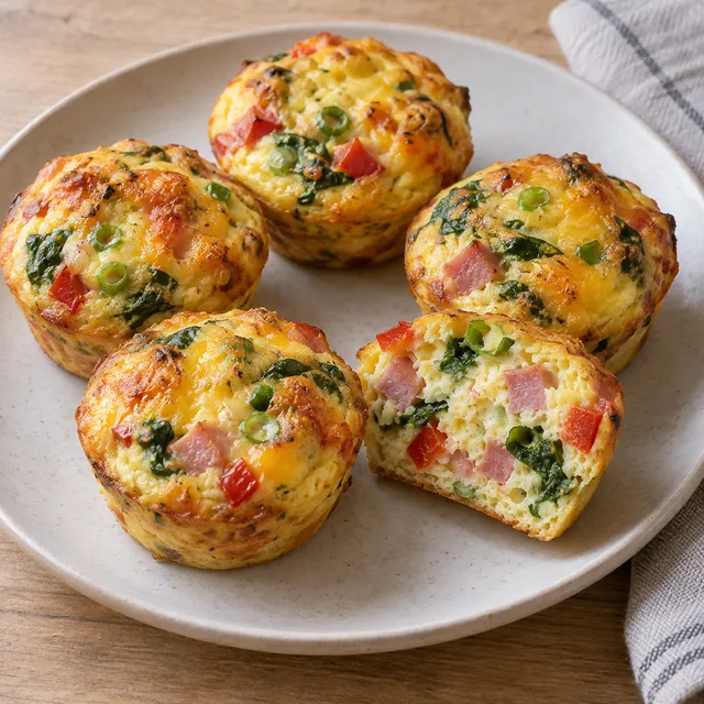 Äggmuffins med skinka, ost, paprika och spenat på ett ljust fat