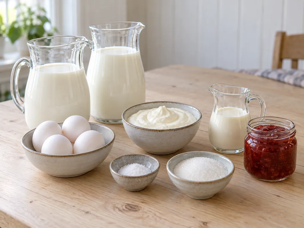 Mjölk, fem ägg, gräddfil, salt, socker, jordgubbssylt och grädde