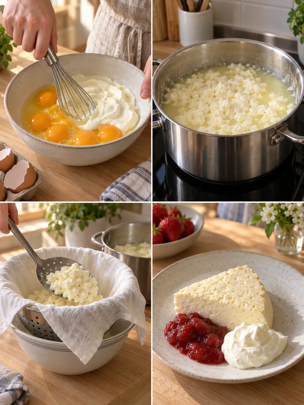 Ägg och gräddfil blandas, ostmassan värms och silas, och äggosten serveras