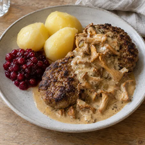 Älgfärsbiffar med gräddig kantarellsås, kokt potatis och rårörda lingon