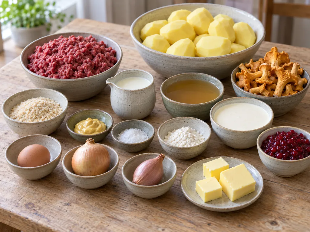 Älgfärs, kantareller, grädde, smör, potatis och övriga ingredienser till biffarna