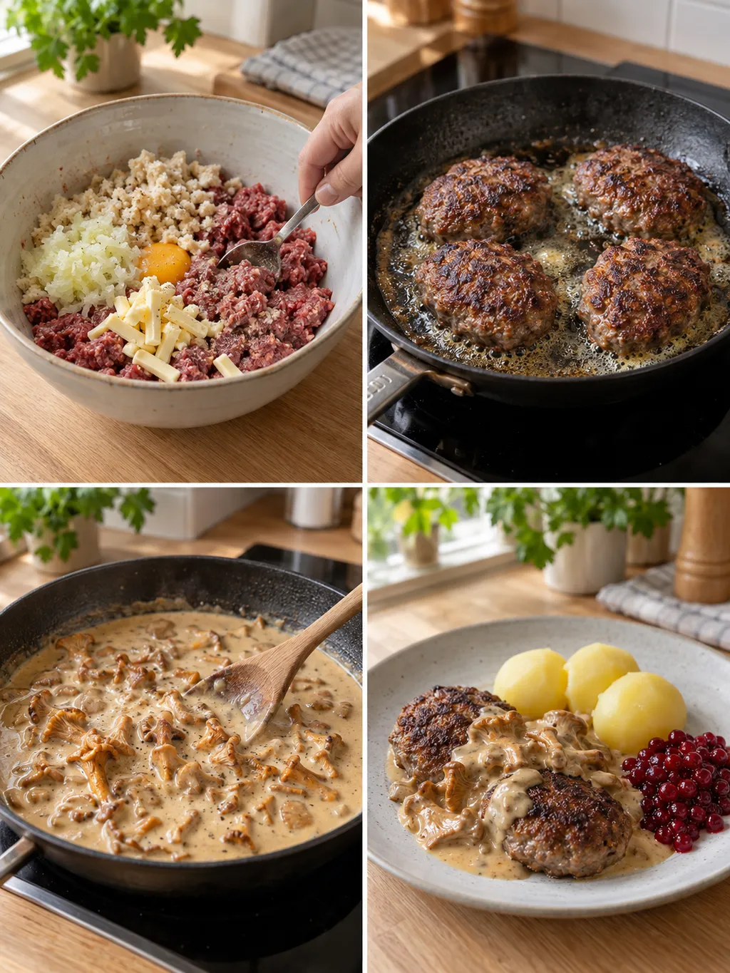 Älgfärssmet, stekta biffar, kantarellsås och en färdig portion med potatis och lingon