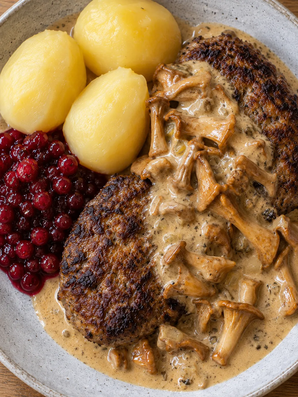 Brynta älgfärsbiffar med kantarellsås, kokt potatis och röda lingon