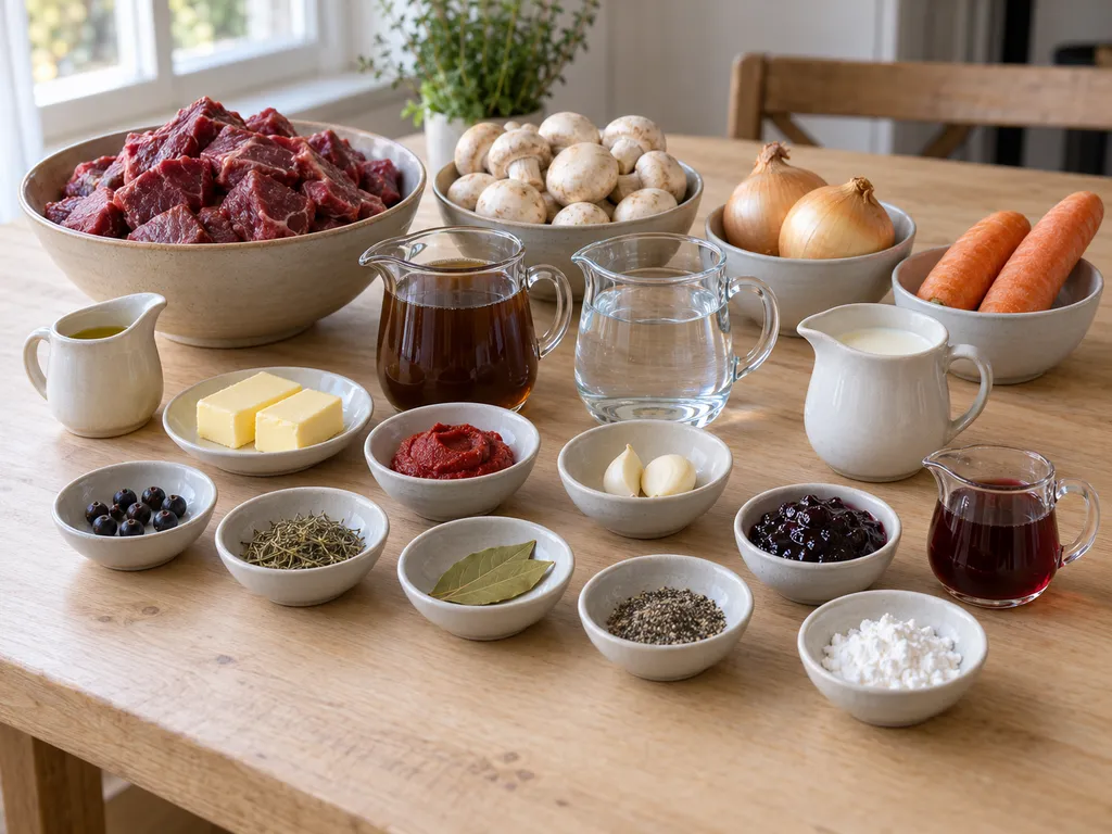Älgkött, champinjoner, enbär, grädde och övriga råvaror till älggryta