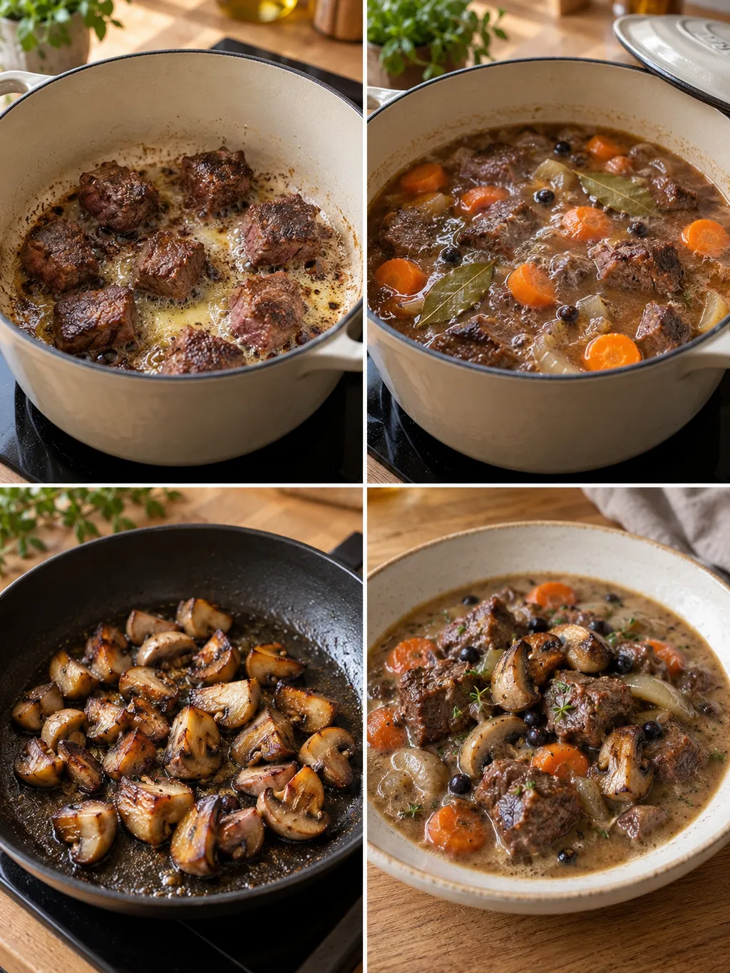 Älgkött bryns och sjuds, svamp steks och den färdiga grytan serveras