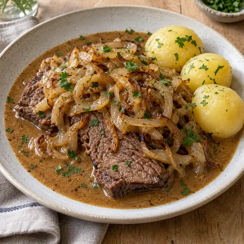 Ångbåtsbiff med gyllene lök, portersås, kokt potatis och persilja
