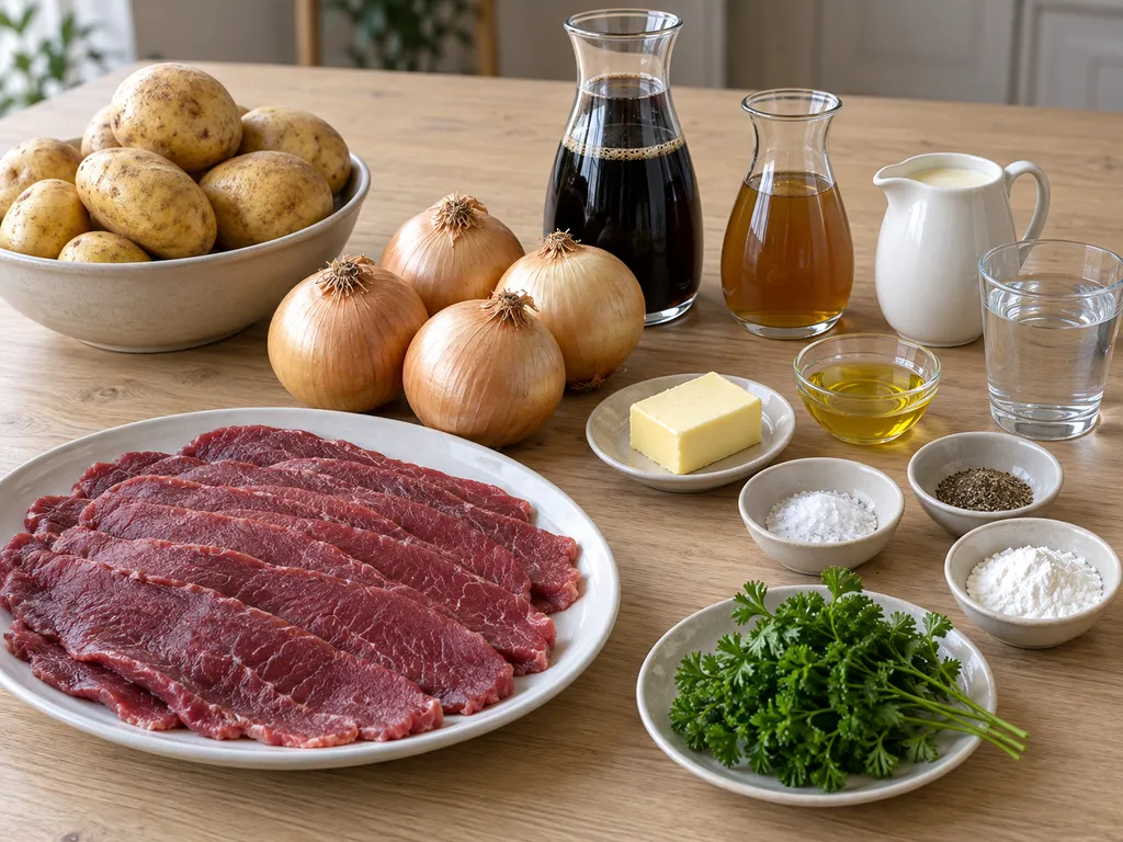 Nötinnanlår, gul lök, porter, buljong, grädde och potatis till ångbåtsbiff