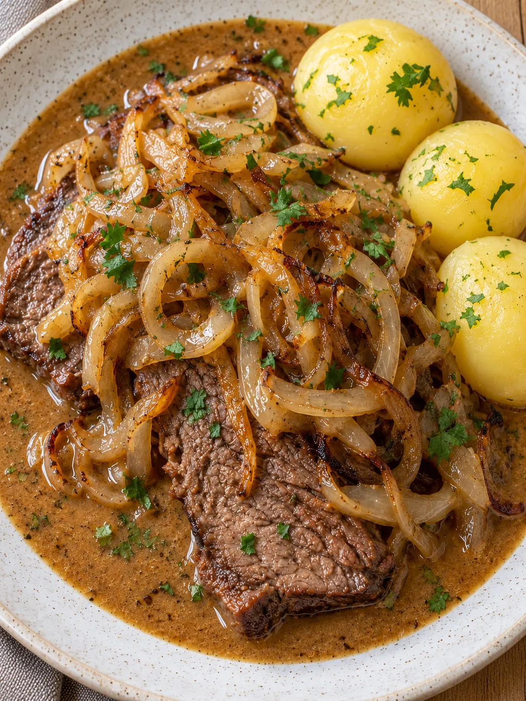 Ångbåtsbiff täckt med stekt lök och portersås bredvid kokt potatis
