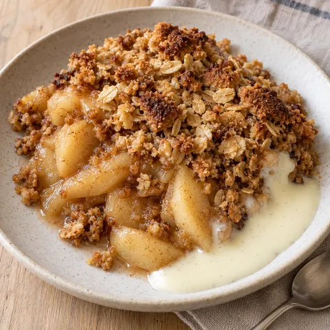Äppelpaj med gyllene havresmulor och len vaniljsås på en ljus tallrik