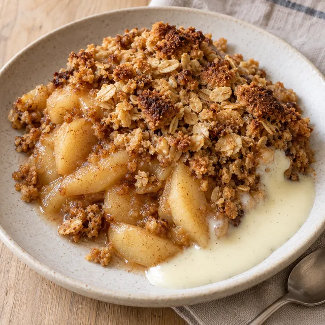 Äppelpaj med gyllene havresmulor och len vaniljsås på en ljus tallrik