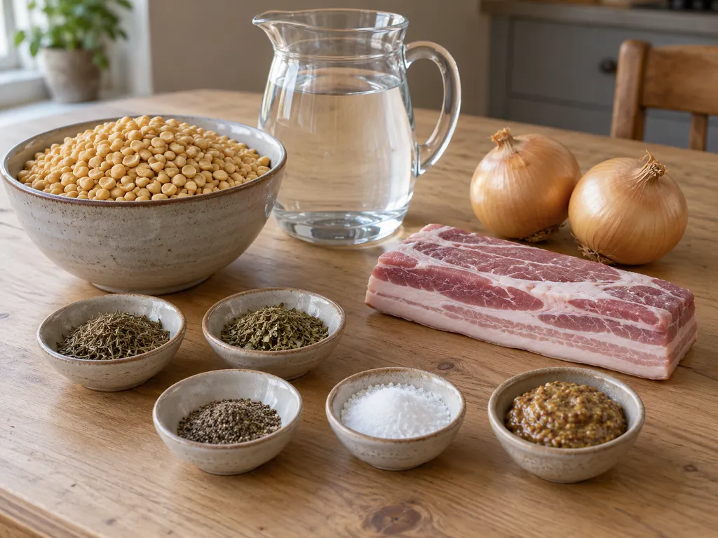 Gula ärtor, rimmat sidfläsk, två lökar, örter och senap till ärtsoppa