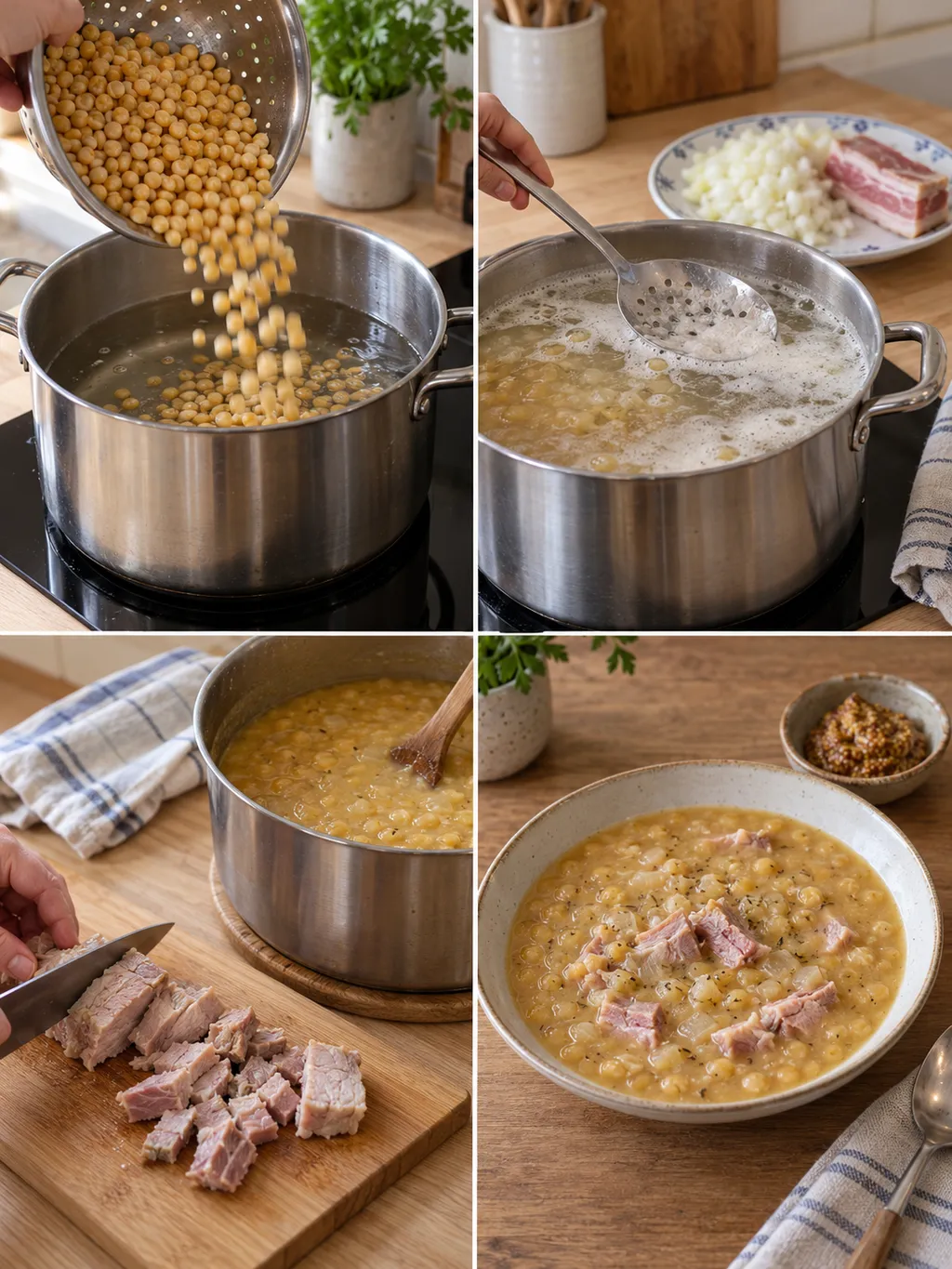 Ärtor förbereds, soppan skummas, fläsket skärs och den färdiga ärtsoppan serveras