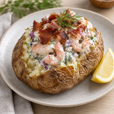 Bakad potatis med krämig räkröra, knaprigt bacon, dill och citron