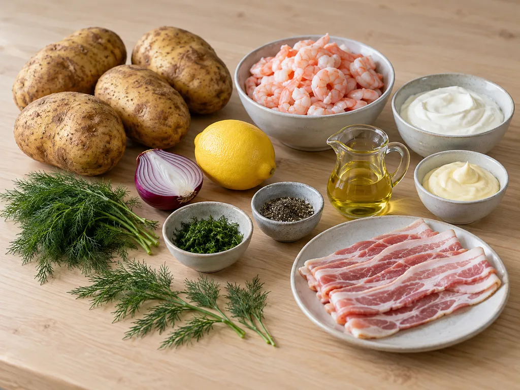 Potatis, kokta räkor, bacon, crème fraiche, majonnäs, dill, rödlök och citron