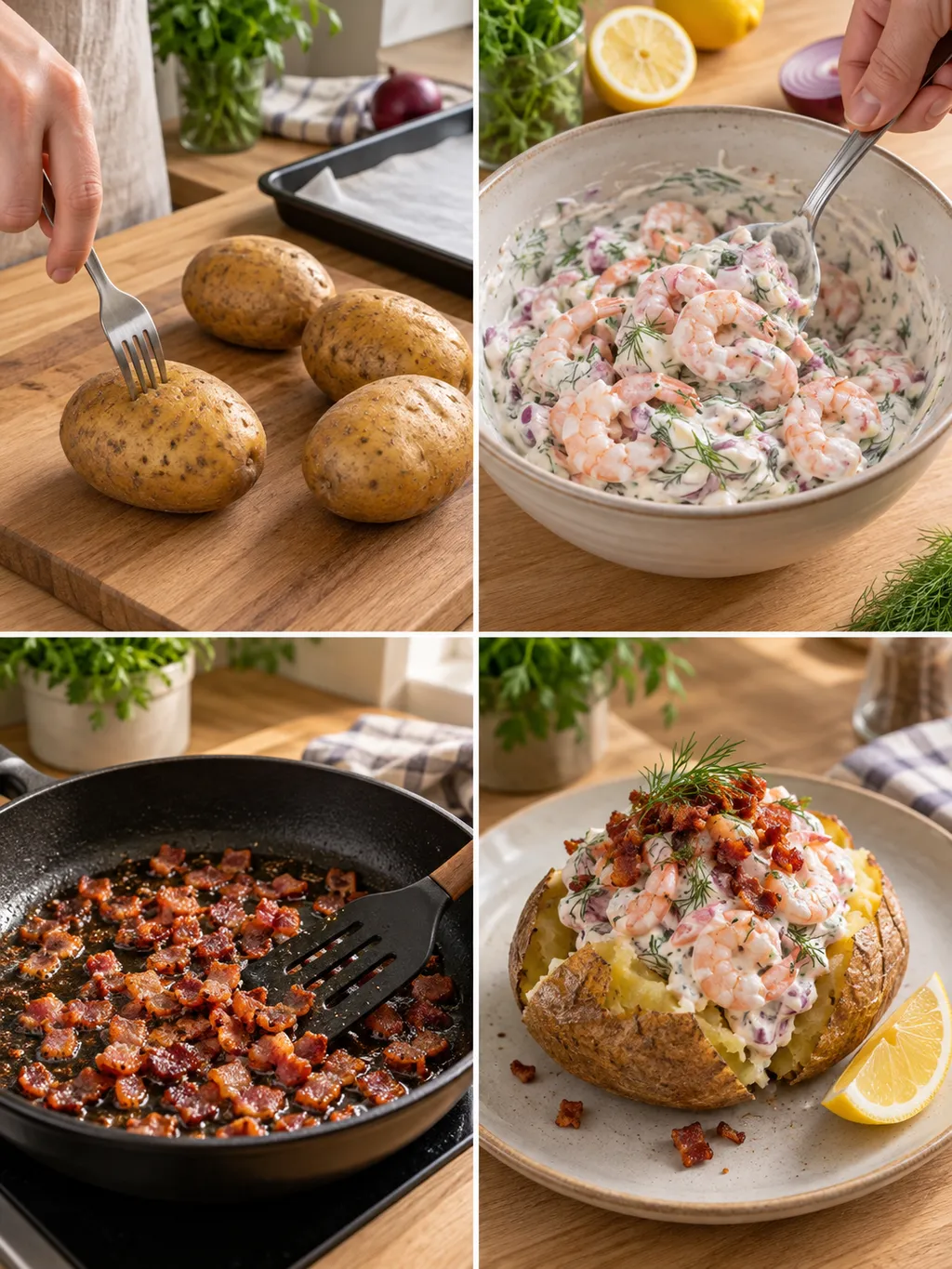 Potatis naggas, räkröra blandas, bacon steks och den fyllda potatisen serveras