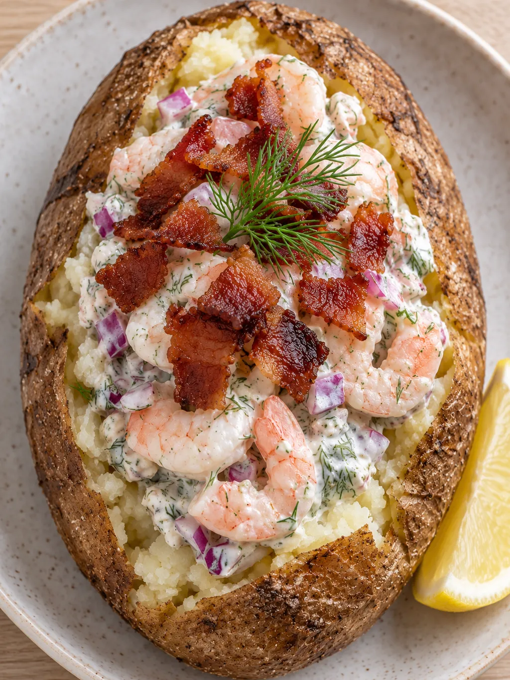 Öppnad bakpotatis fylld med dilldoftande räkröra och toppad med bacon