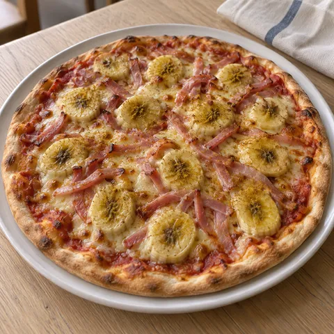 Bananpizza med curry, skinkstrimlor och gyllene ost på tunn botten