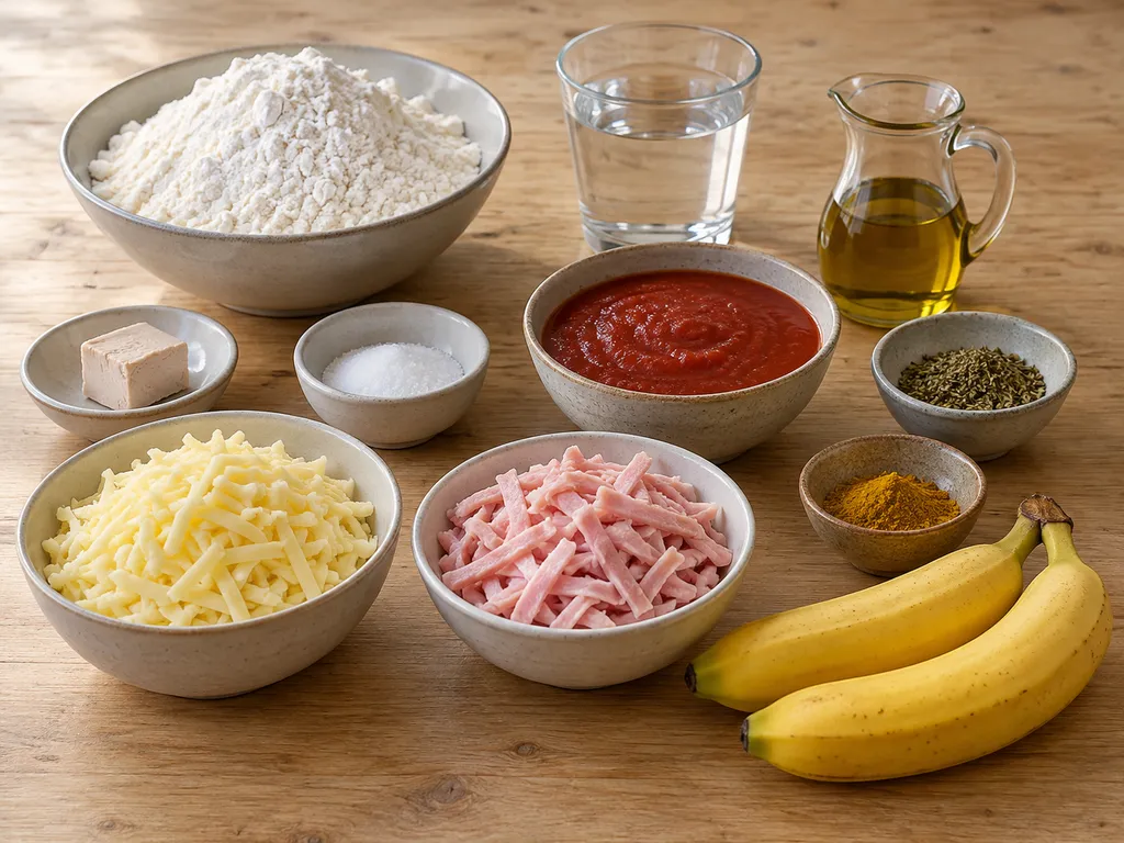 Mjöl, jäst, tomatsås, ost, skinka, två bananer och curry till bananpizza