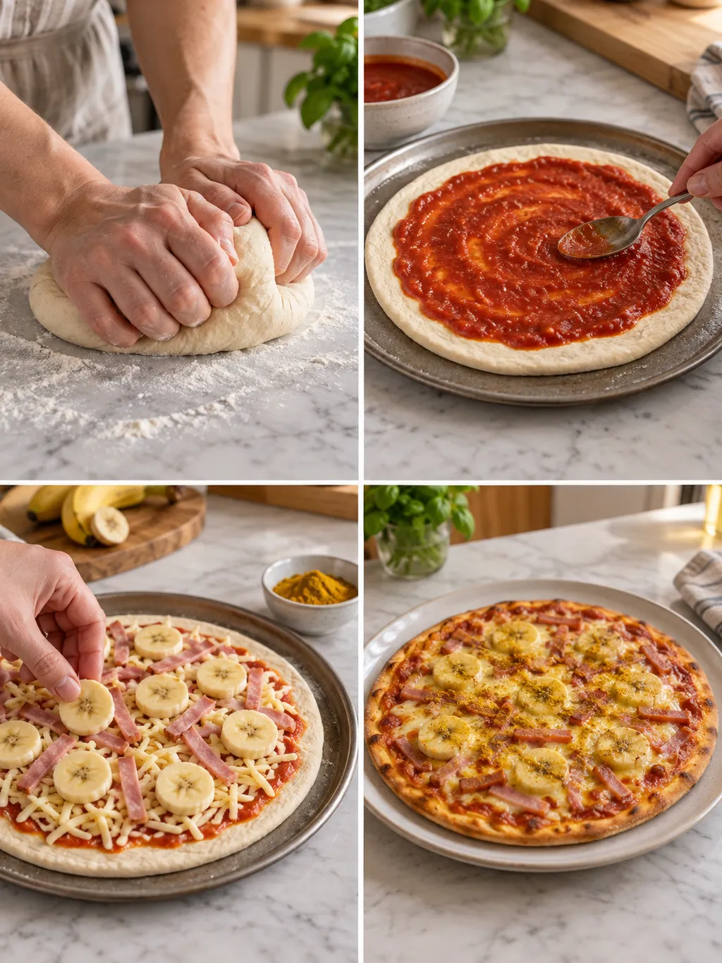 Degknådning, tomatsås, bananfyllning och färdig bananpizza med skinka och curry