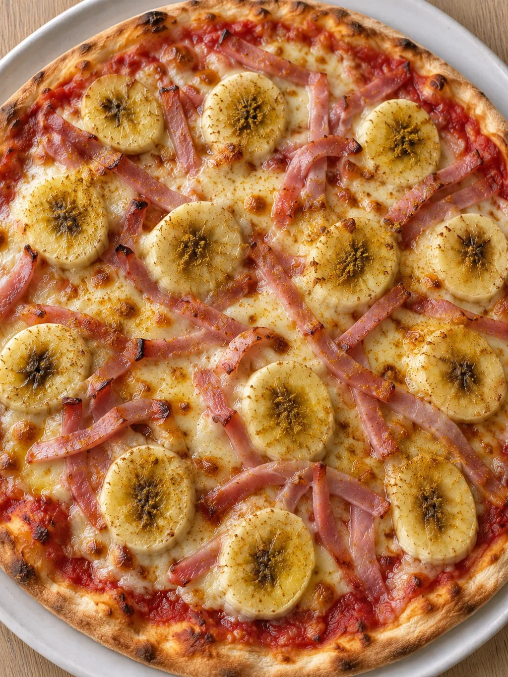 Bananpizza med skinka, gul curry och smält ost sedd ovanifrån