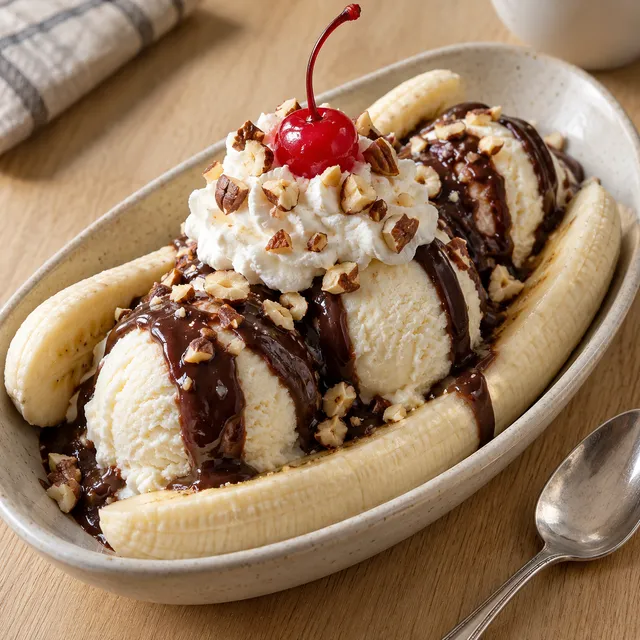 Banansplit med vaniljglass, chokladsås, vispad grädde, hasselnötter och cocktailbär