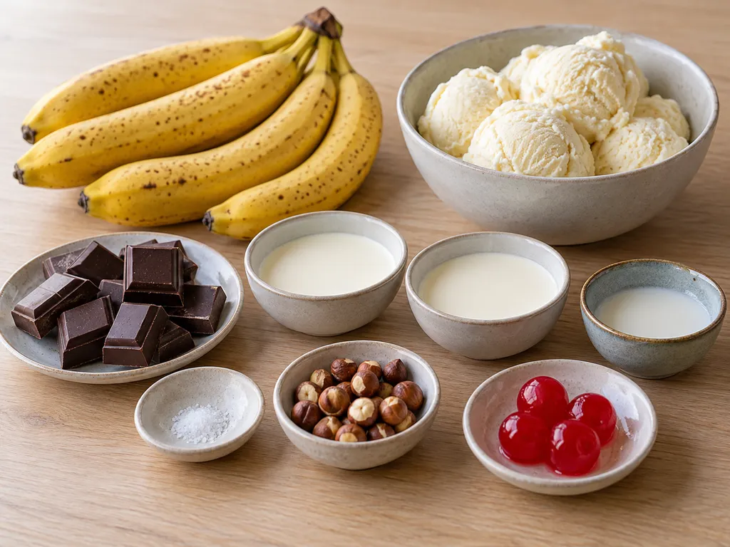 Bananer, vaniljglass, choklad, grädde, mjölk, salt, hasselnötter och cocktailbär