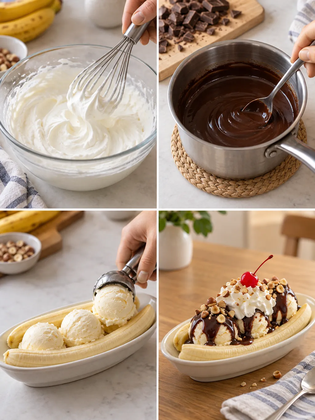 Grädde vispas, chokladsås rörs ihop och banansplit läggs upp och serveras