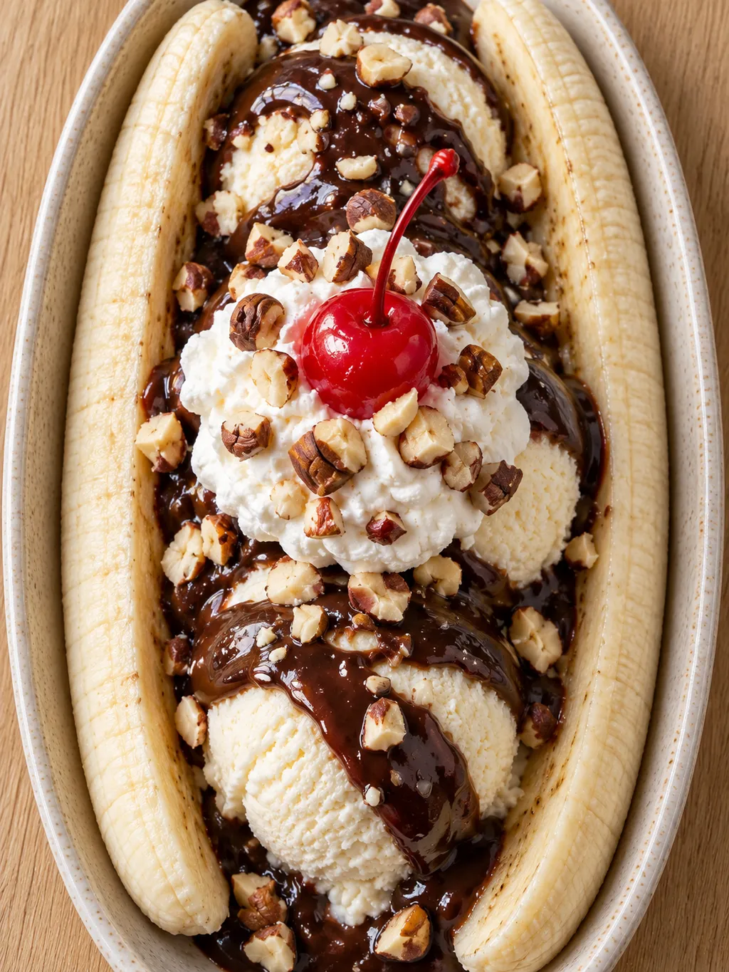 Banansplit med tre vaniljglasskulor, mörk chokladsås, grädde och hasselnötter