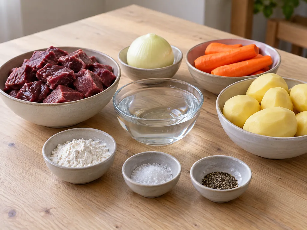 Renkött, potatis, morötter, lök, vatten, mjöl, salt och peppar till bidos