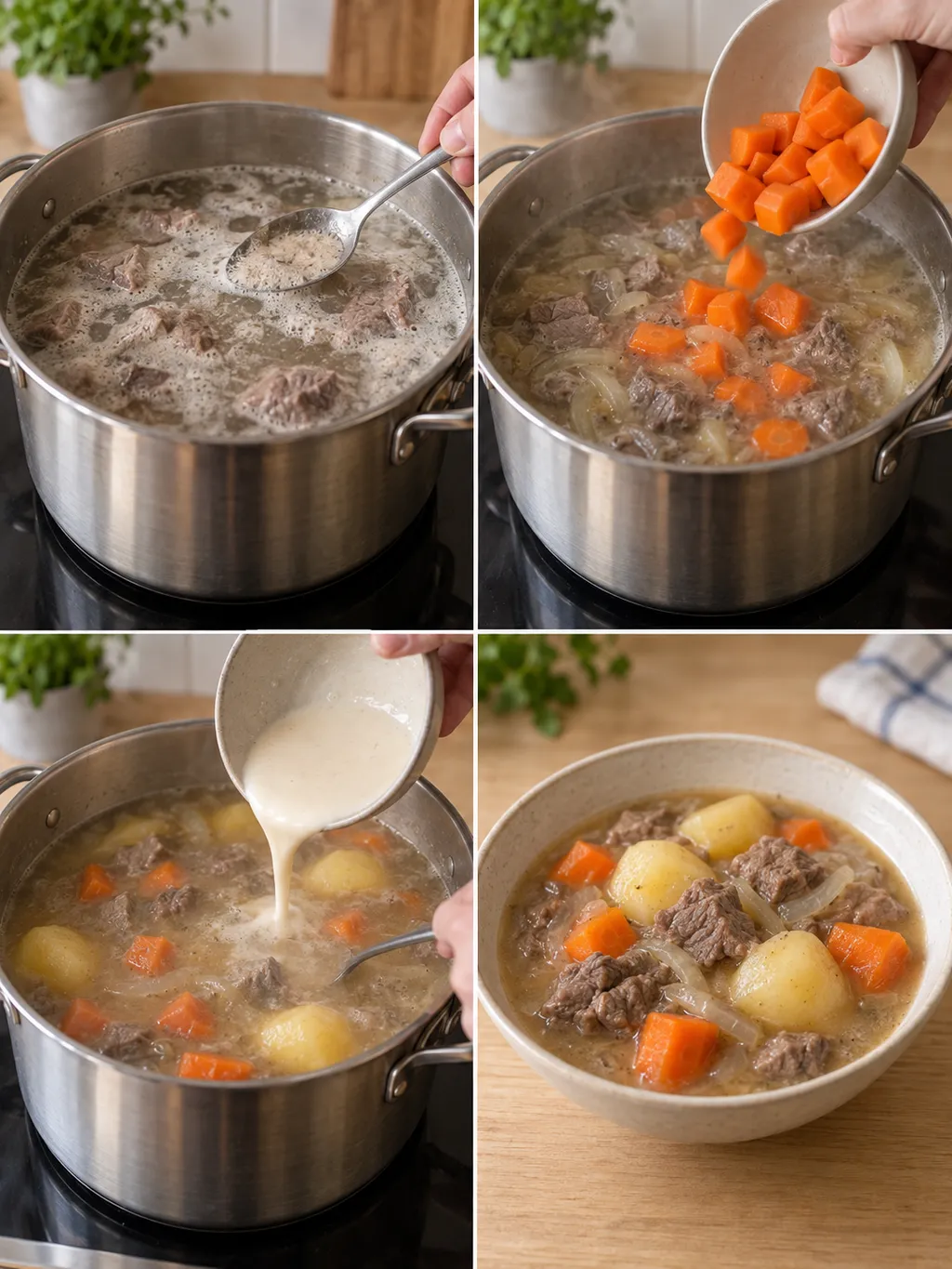 Bidos skummas, får morötter och redning och serveras med renkött och potatis
