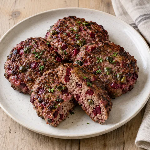 Biff à la Lindström med brynt yta, rödbetsbitar, kapris och hackad persilja