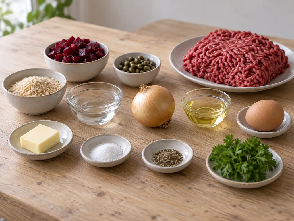 Nötfärs, rödbetor, kapris, lök, ägg och övriga ingredienser till biff Lindström