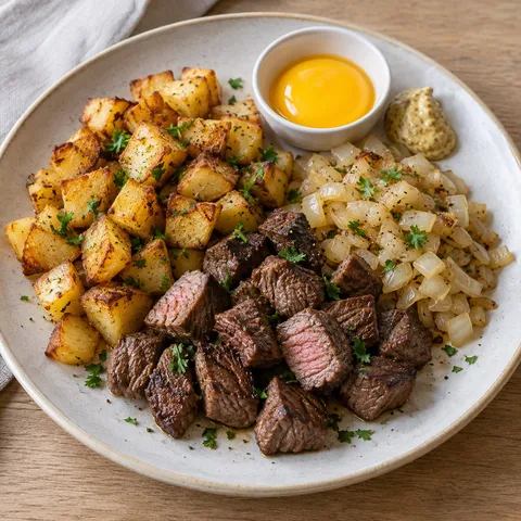 Biff Rydberg med brynt oxfilé, gyllene potatis, lök, persilja och äggula i skål
