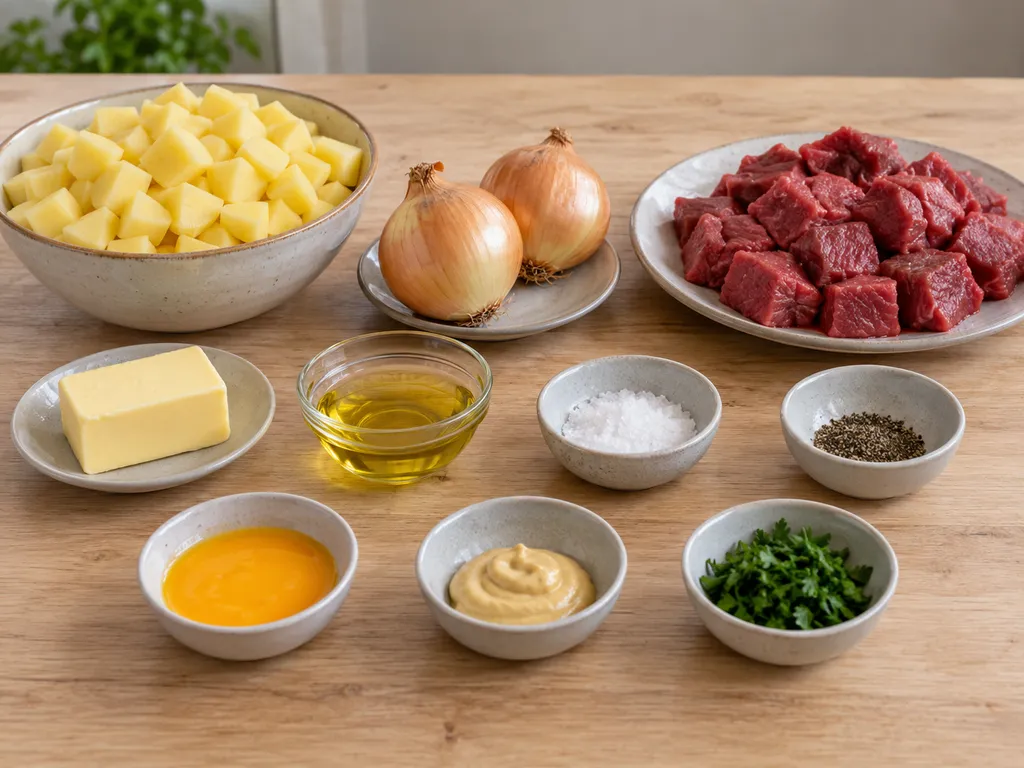 Oxfilé, potatis, gul lök, smör, olja, äggula, senap, persilja, salt och peppar