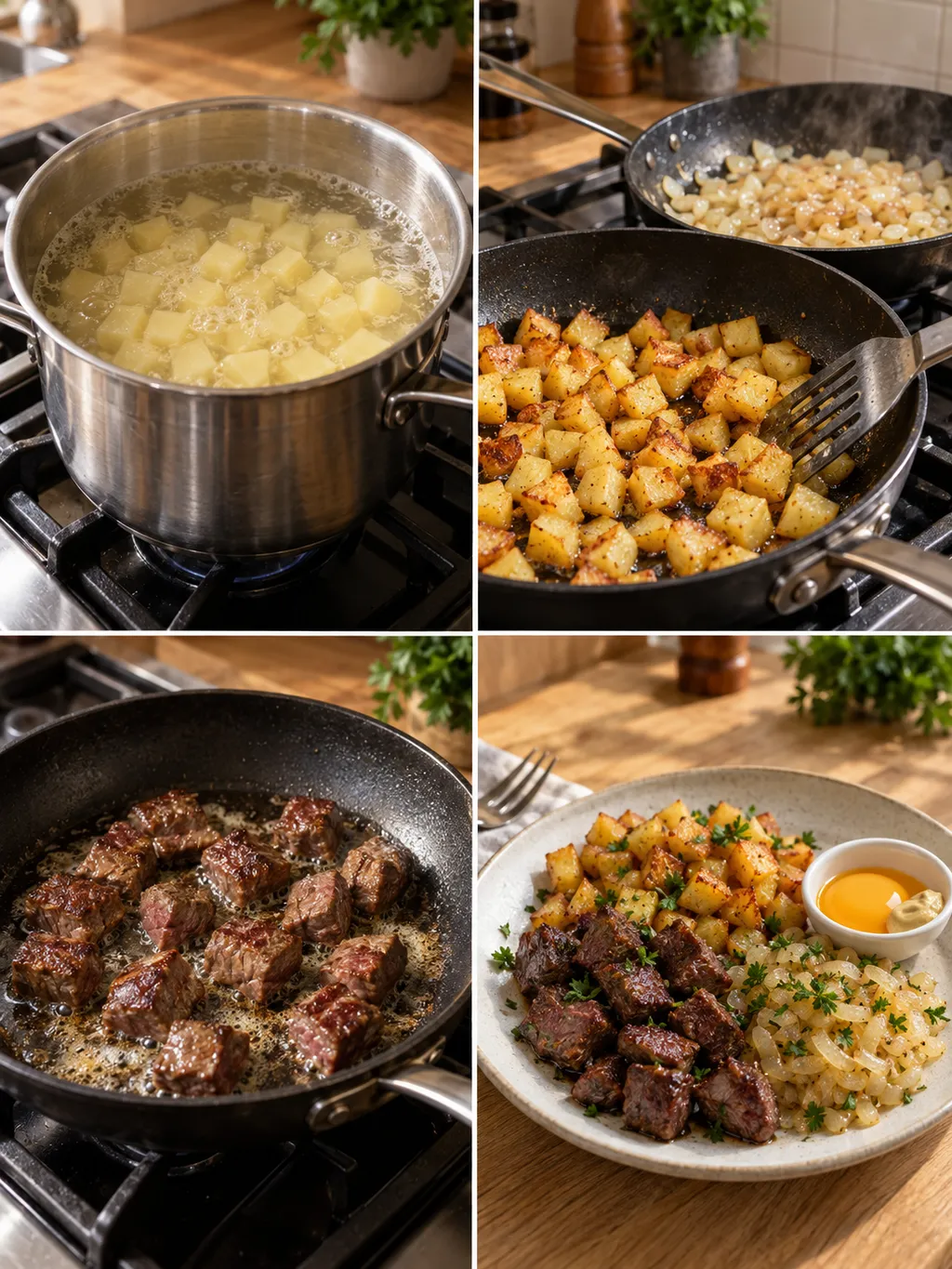 Potatis kokas och steks, oxfilé bryns och Biff Rydberg serveras med lök och äggula