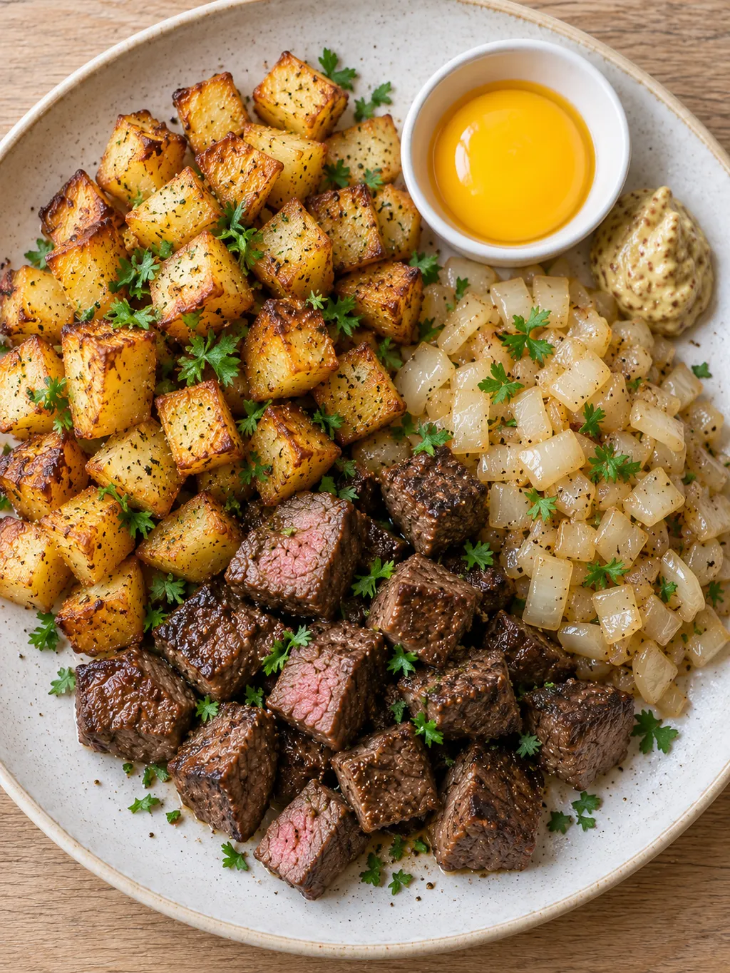 Biff Rydberg med oxfilé, knaprig potatis och mjuk lök med senap och äggula