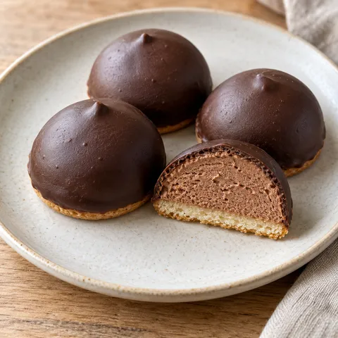 Biskvier med mörkt chokladtäcke och synlig chokladsmörkräm på seg mandelbotten