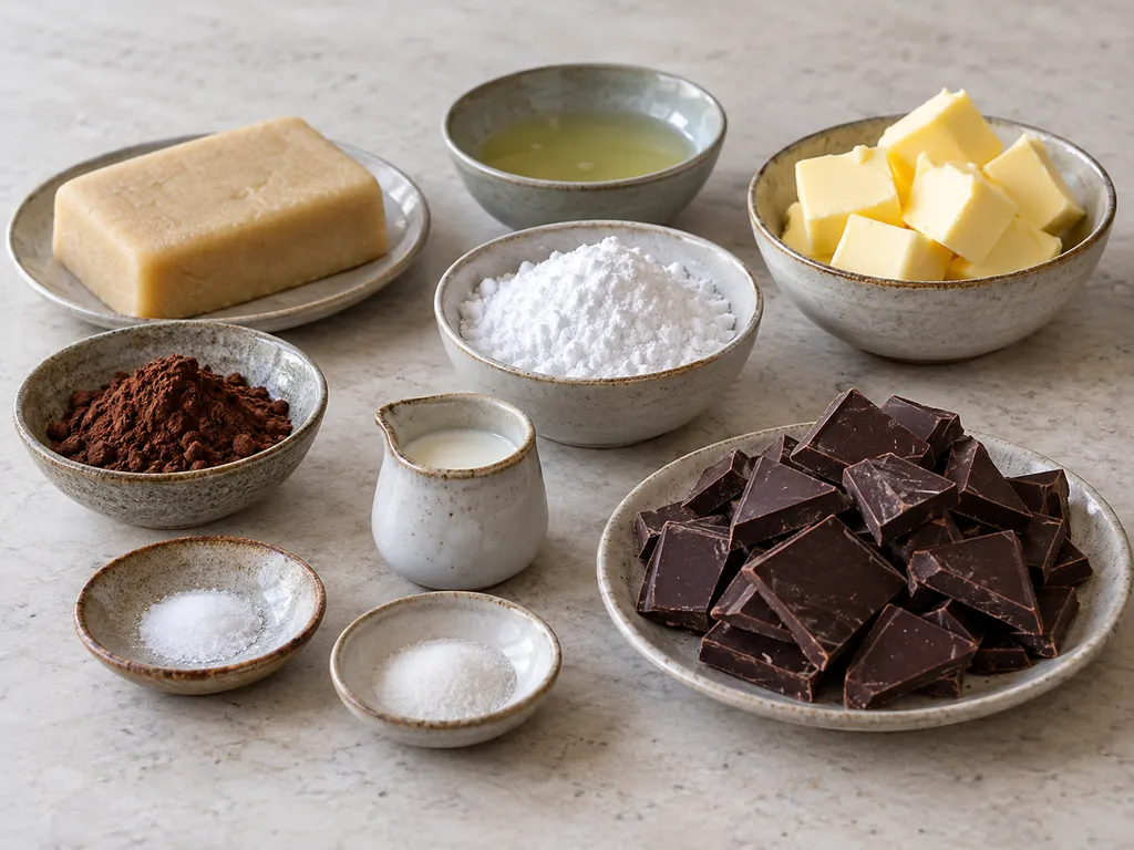 Mandelmassa, äggvita, smör, socker, kakao, mjölk och mörk choklad till biskvier