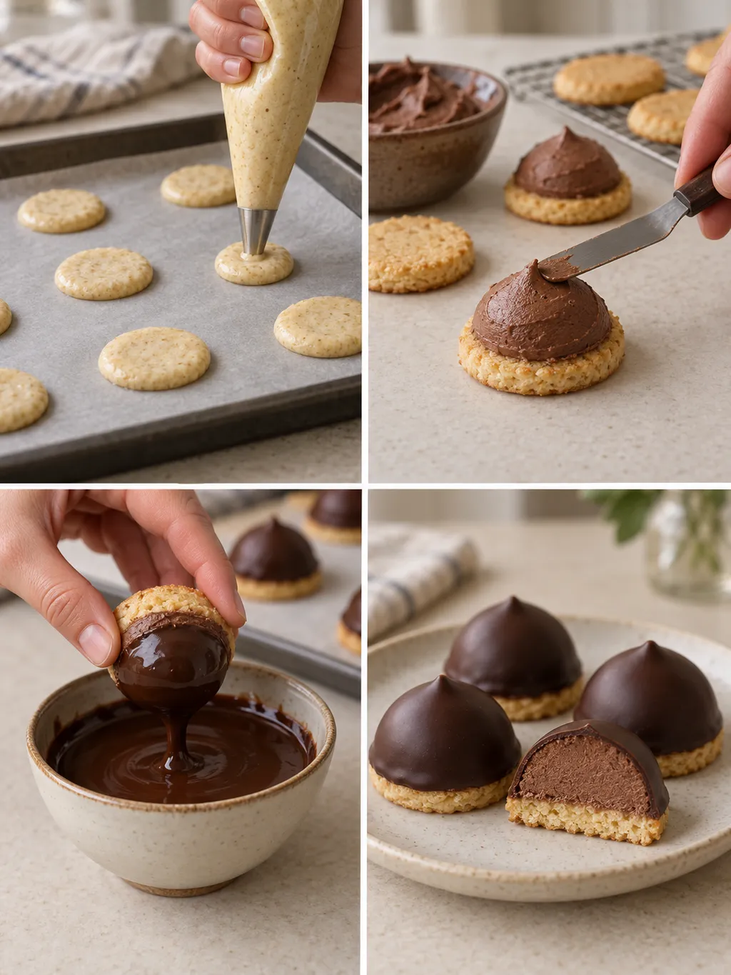 Mandelbottnar formas, fylls med chokladsmörkräm och doppas till färdiga biskvier