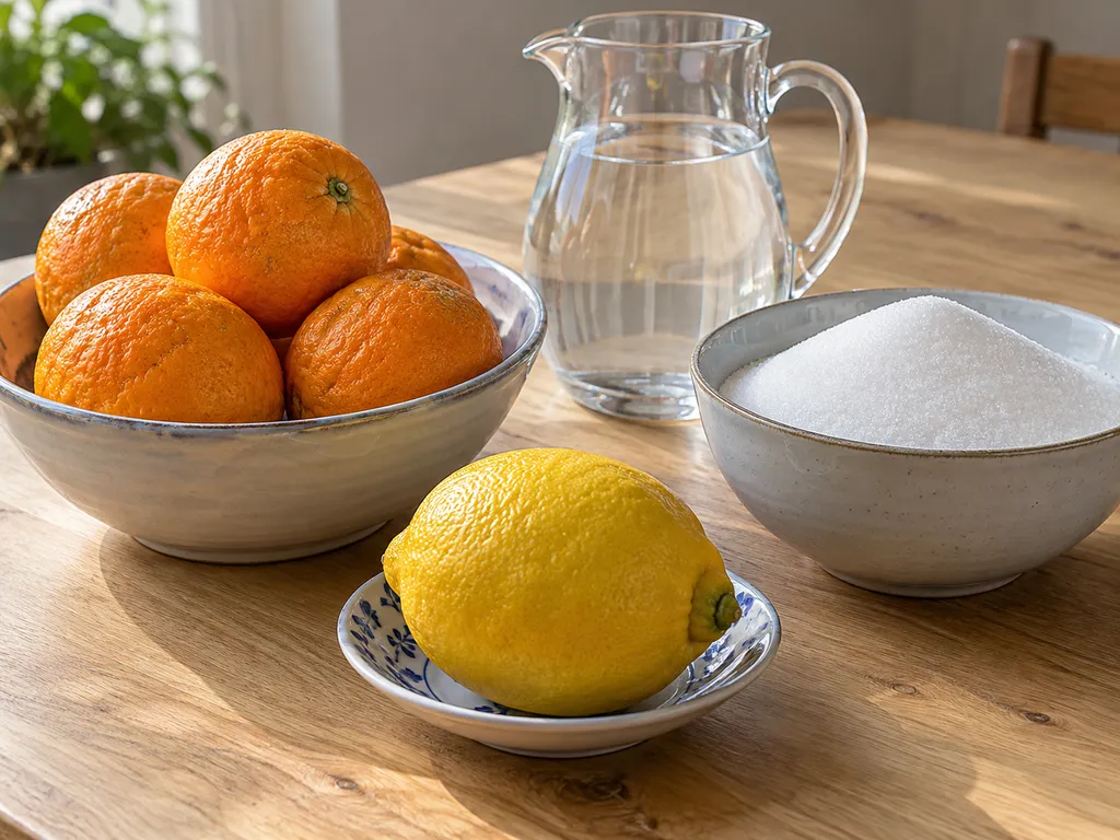 Färska pomeranser, citron, strösocker och vatten till bitter apelsinmarmelad