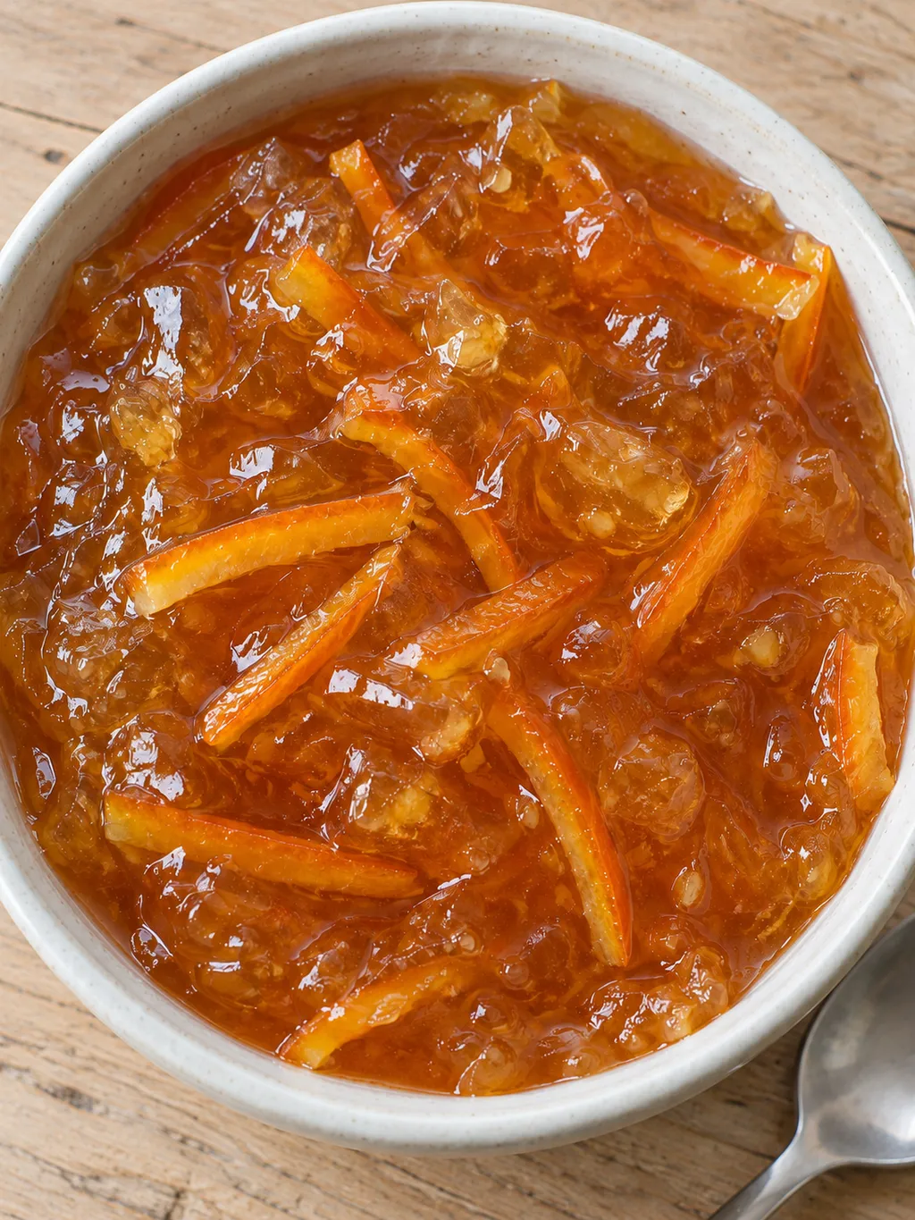 Bitter pomeransmarmelad med tunna orange skalstrimlor och mjuk gelé