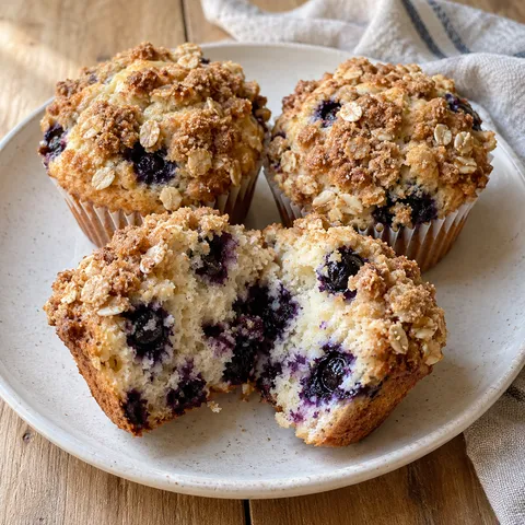 Blåbärsmuffins med gyllene havresmulor och en delad muffin med synliga blåbär