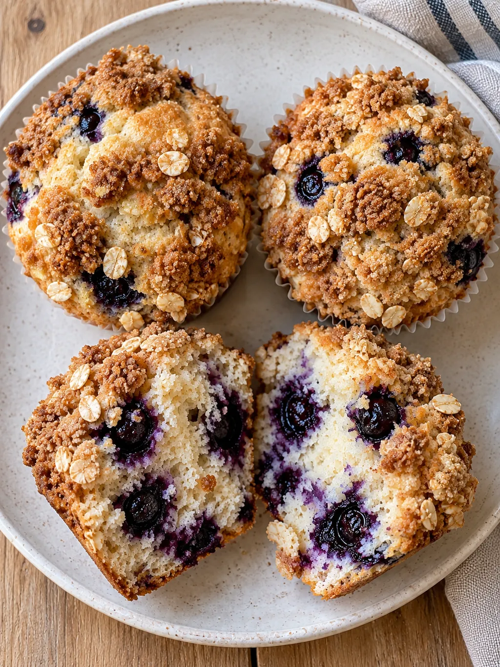 Blåbärsmuffins med knaprig havretopp och saftiga bärfickor på ett ljust fat