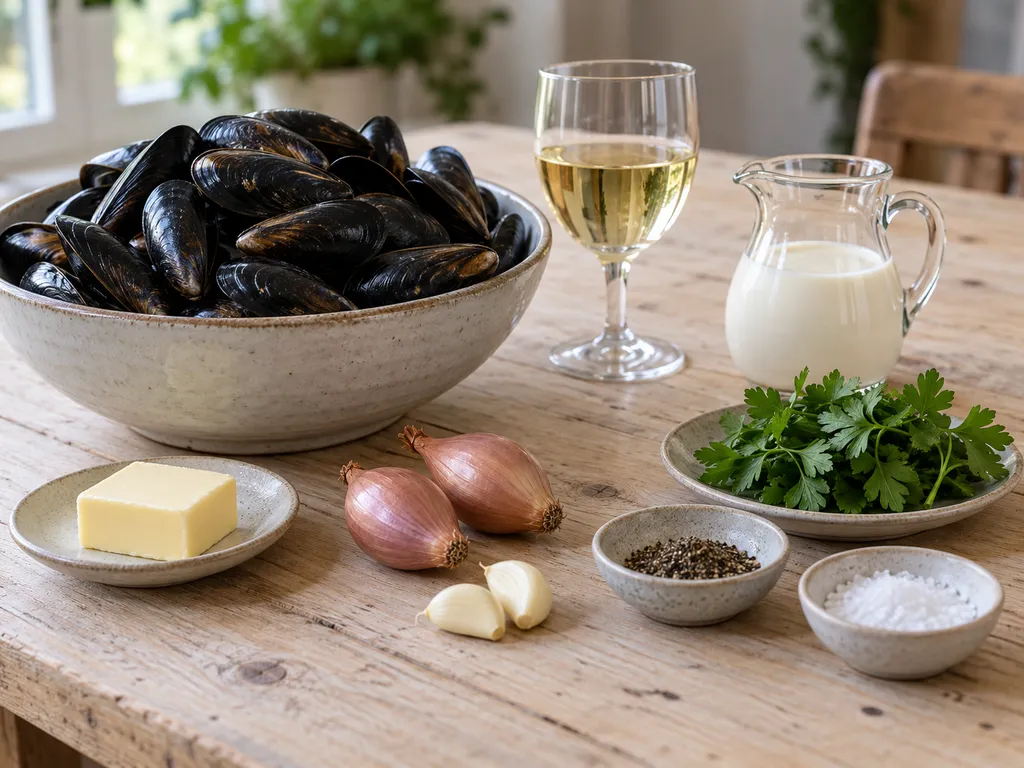 Blåmusslor, vitt vin, grädde, smör, lök, vitlök, persilja, peppar och salt