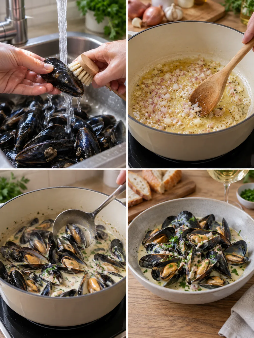 Blåmusslor rensas och tillagas med lök innan de serveras i gräddig vitvinssås