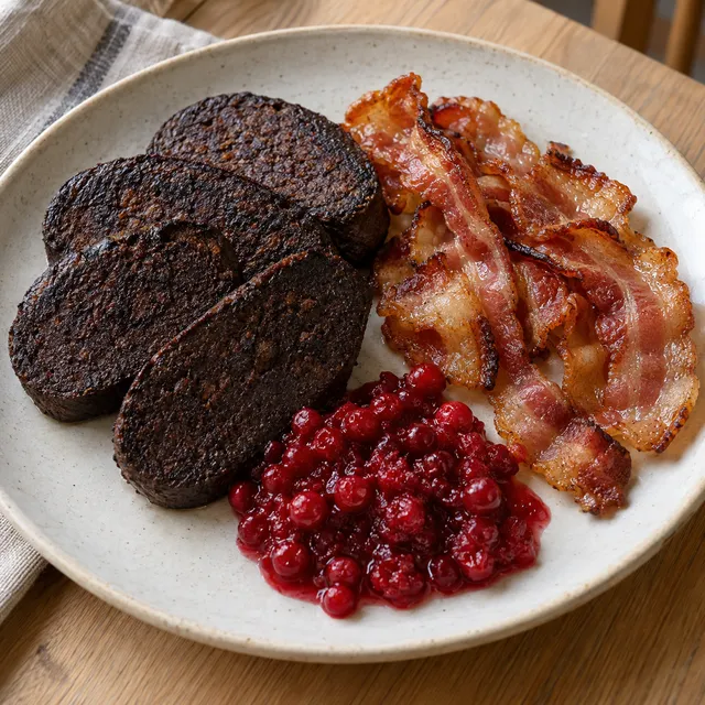 Stekt blodpudding med knaprigt sidfläsk och röda rårörda lingon